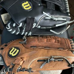 2 Wilson Gloves Black Brown With Two Balls