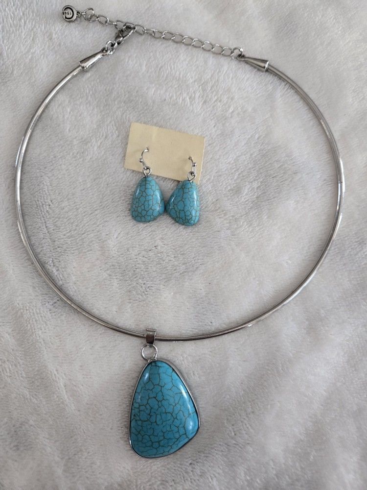 Silvertone Earrings And Necklace Set With Cabochon Faux Turquoise Market 1946