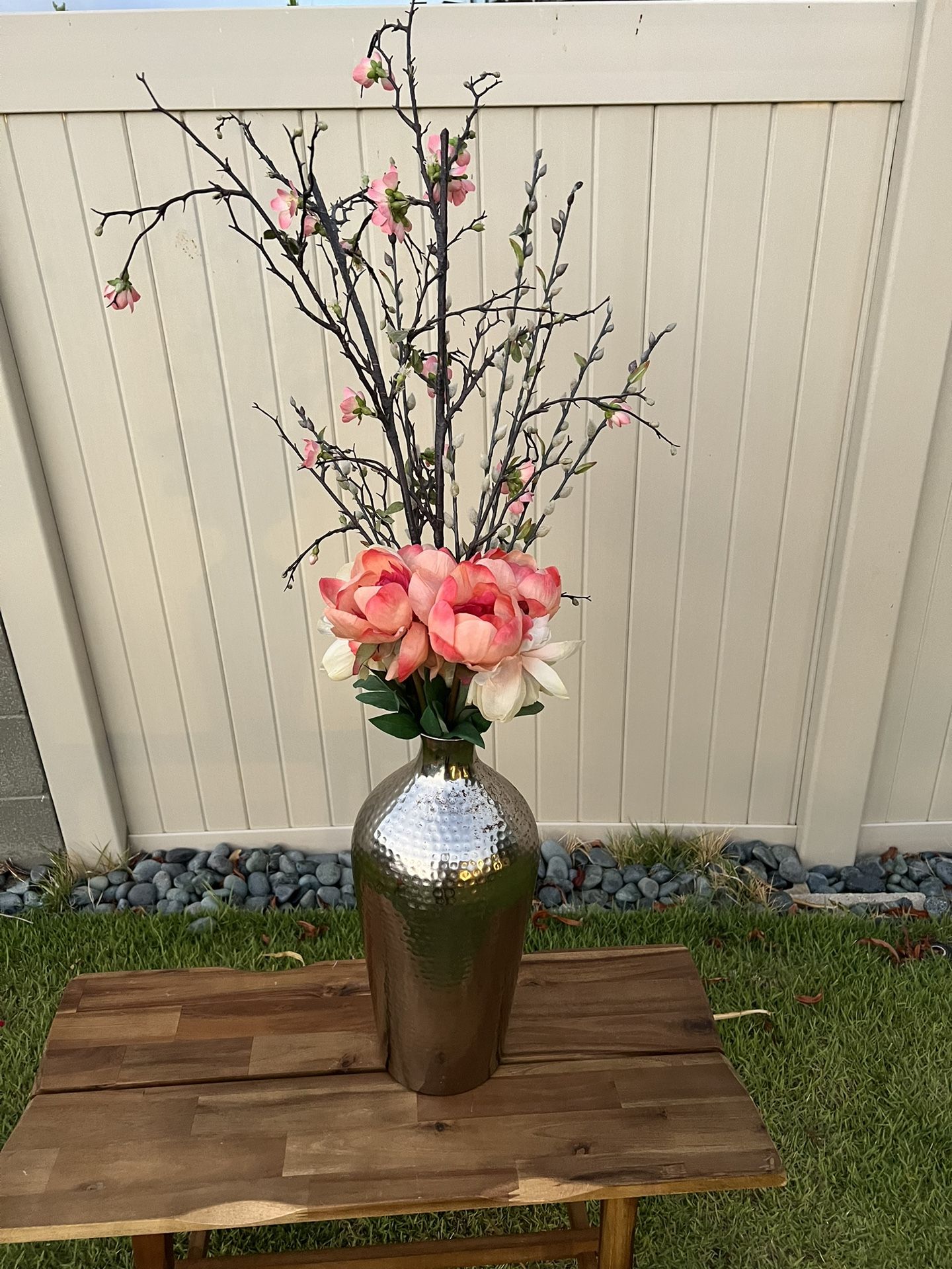 Home decor - fake flowers, roses, pussy willows w/ cherry bloss branches. Silver metal  vase