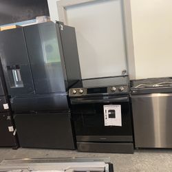 Black Stainless Bundle 3 Pieces Counter Depth Fridge Air Fryer Slide In Range 3 Racks Dishwasher! We Finance!