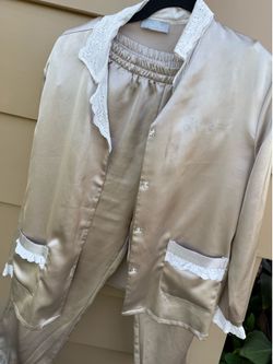 Dim Derl Luxury Satin & Lace Lounge Set / Pajamas - Champagne (Size XL)