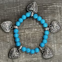 New Women’s Turquoise Bead & Silver Heart Bracelet