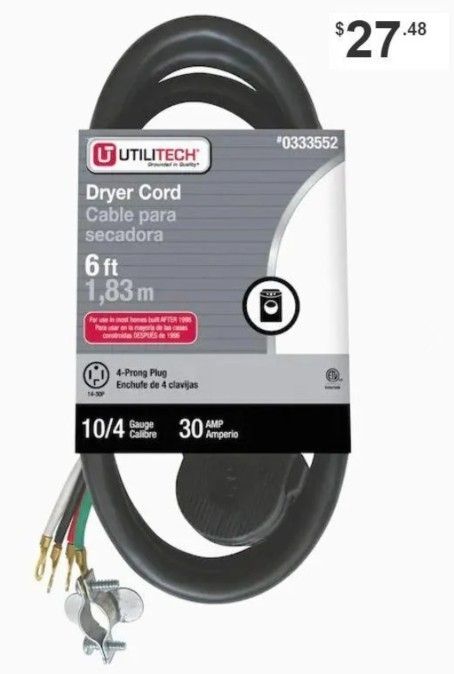 New Utilitech 6-ft 4-Prong Black Dryer 0333552 Appliance Power Cord