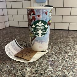 New With Tags Starbucks 2015 Watercolor World Map Double-Wall Ceramic Traveler Mug With Lid 