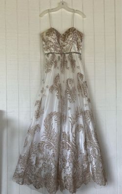 White and Gold Strapless Sequin Ball Gown (Size 10)