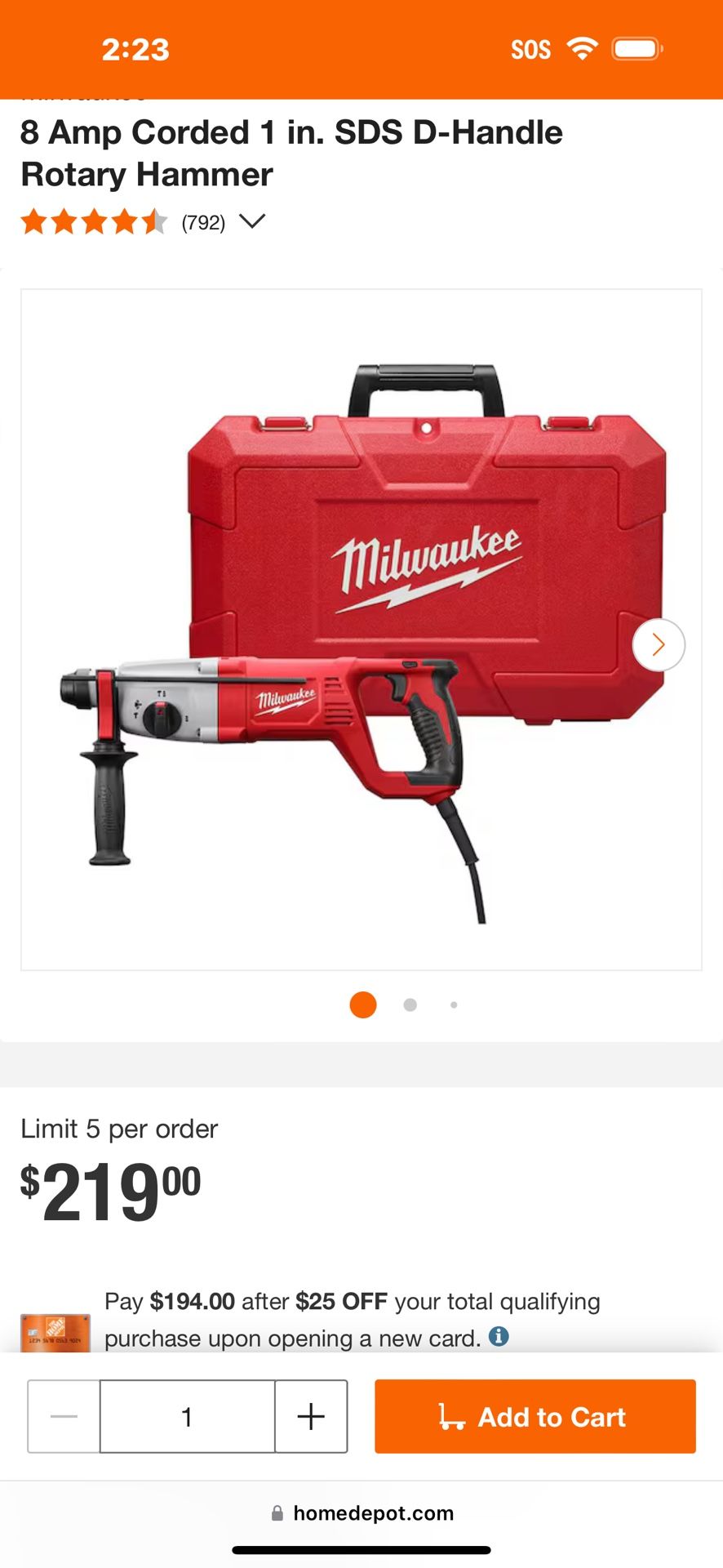 Milwaukee 8 Amp Corded Handle Rotary Hammer