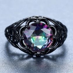 Vintage Black Mystic Rainbow Hollow Sterling Silver Art Deco Ring - Size 6