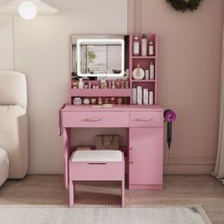 Vanity Desk w/LED Mirror Lights,Makeup Dressing Table w/Drawers & Storage Stool