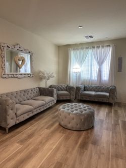 Gray Tufted Sofa Couch, 2 Chairs & Ottoman