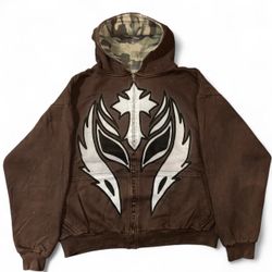Odyss3y 1 of 1 “R3Y MYST3RIO” vintage over sized waffle knitted thermal lined heavyweight camo zip hoodie with front and back print