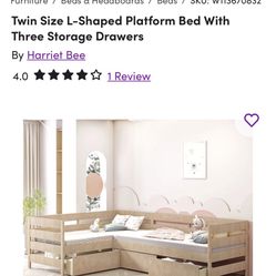 Twin size L-shaped Bed With 3 Storage Drawers