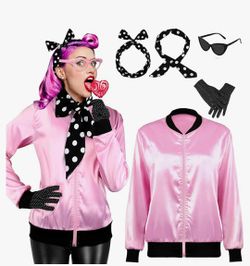 1950s Pink Satin Jacket with Polka Dot Scarf Headband Earrings Glasses Halloween Cosplay Costume for Women, 5 Pieces, XL