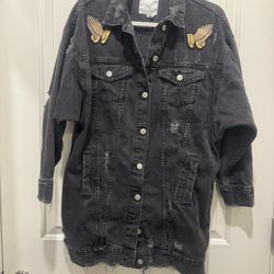 Zara Ladies Denim Jacket Long With Patch Black Size M