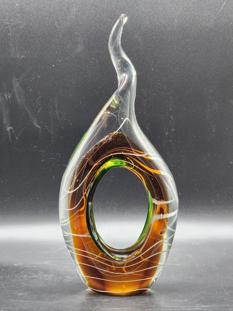 NF DESIGN Japan Blown Art Glass MCM Sculpture Paperweight Olive Green/white/Gold