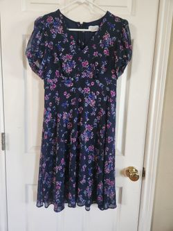 Calvin Klein Navy Floral Fit-and-Flare Dress with Purple and Pink Flowers