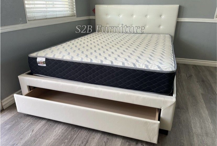 Queen White Platform Bed With Ortho Mattress Included!!