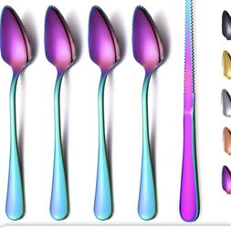 Rainbow Grapefruit Spoons 5 Pieces Set, 4 Stainless Steel Grapefruit Spoon and 1 Grapefruit Knife with Titanium Plating, Grapefruit Utensil Set, Serra