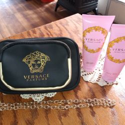 Versace Black & Gold Cross Body Purse Gold Medusa Logo Gold Chain w/ One 3.4 FL OZ Bright Crystal Shower Gel & One 3.4 FL OZ Bright Crystal Body Lotio