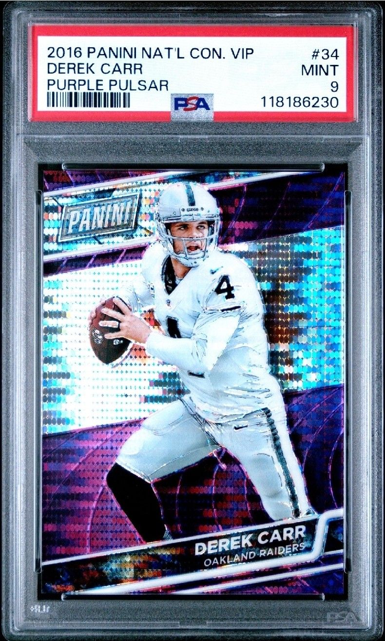 2016 PANINI NATIONAL CONVENTION VIP RAIDERS DEREK CARR PURPLE PULSAR #/50 PSA 9