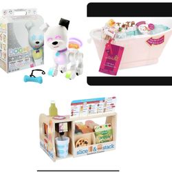Bundle Of 3 Toys: Melissa And Doug Sandwich Shop Toy Set //Our generation- target brand Doll Bath Tub- Makes Sounds// Dog-E Interactive Robot Dog