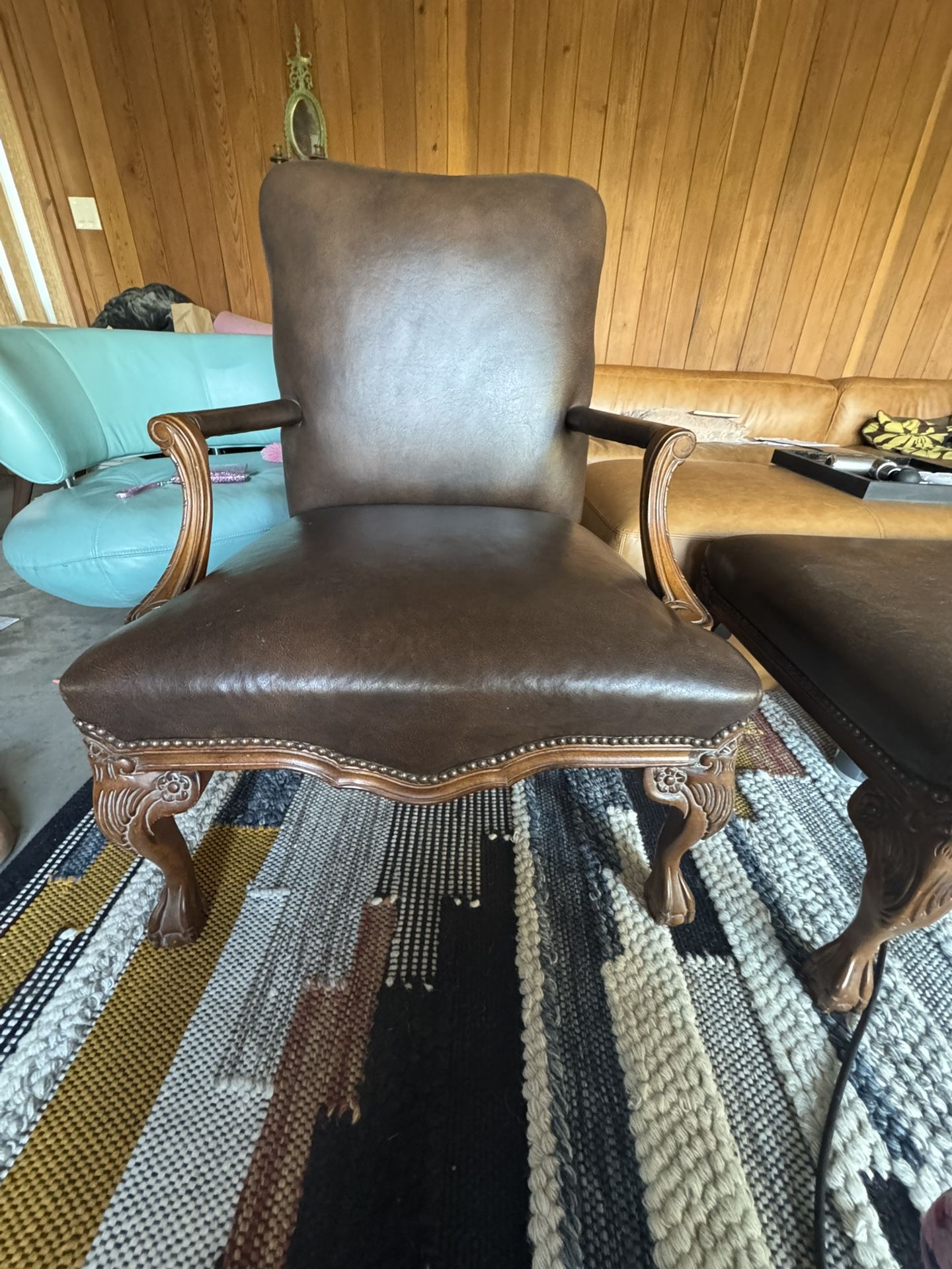 Wood And Leather Armchair With Matching Ottoman