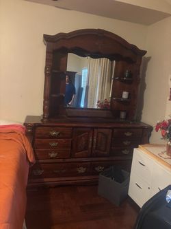 Wood Dresser with Mirror and Hutch