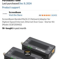 ScreenBeam Bonded MoCA 2.5 Network Adapter for Highest Speed Internet, Ethernet Over Coax - Starter Kit (Model: ECB7250K02
