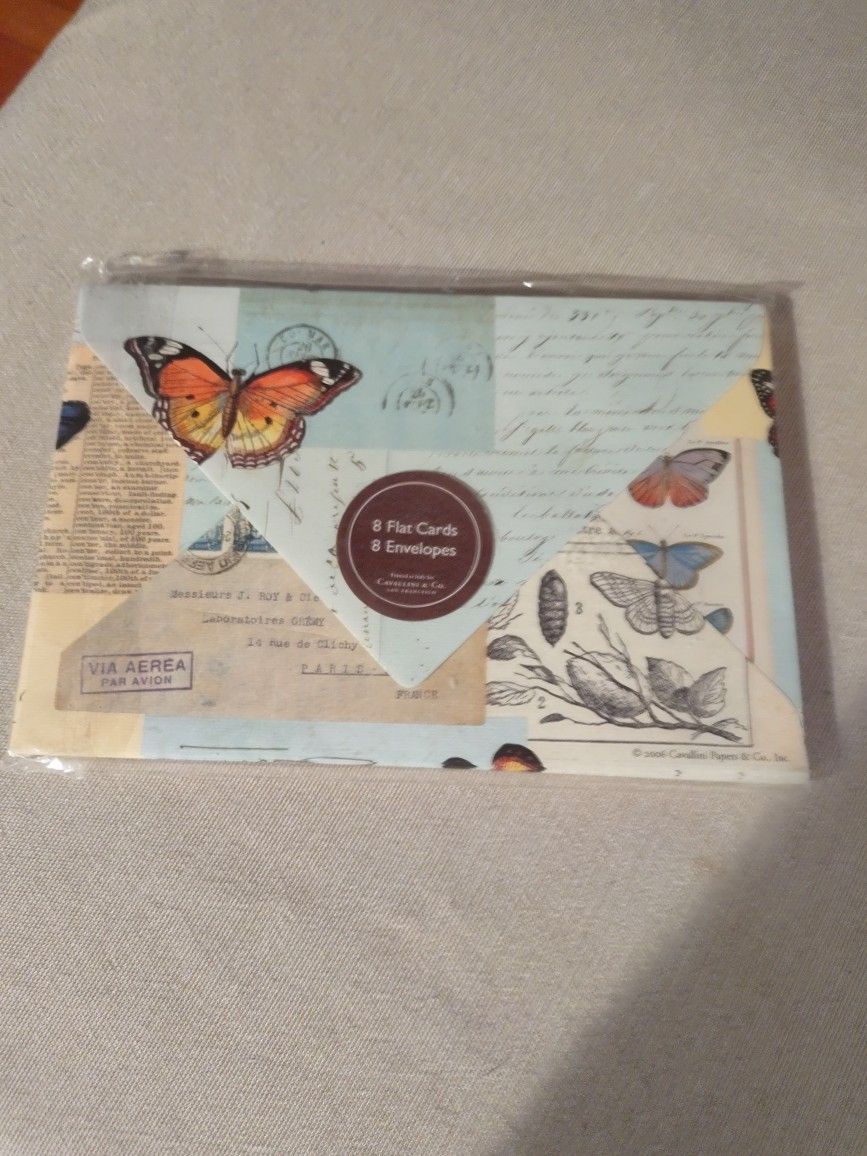 8 FLAT CARD 8 DECORATIVE ENVELOPES BUTTERFLIES SET BY CAVALLINI