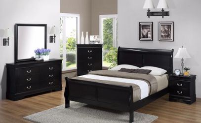 4pc QUEEN bedroom set black includes queen bed, dresser, mirror and nightstand.