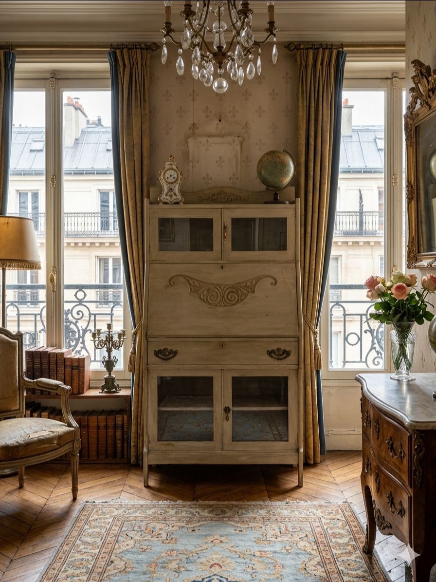 Antique Vintage French Provincial Secretary Writing Desk Display Cabinet Hutch Grandmillennial Boho Parisian Eclectic Maximalist 1920s