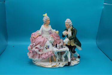 Dresden-Style Porcelain Lace Couple Playing Chess