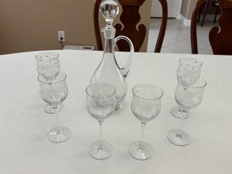 Etched Glass Decanter Set with 6 Wine Glasses