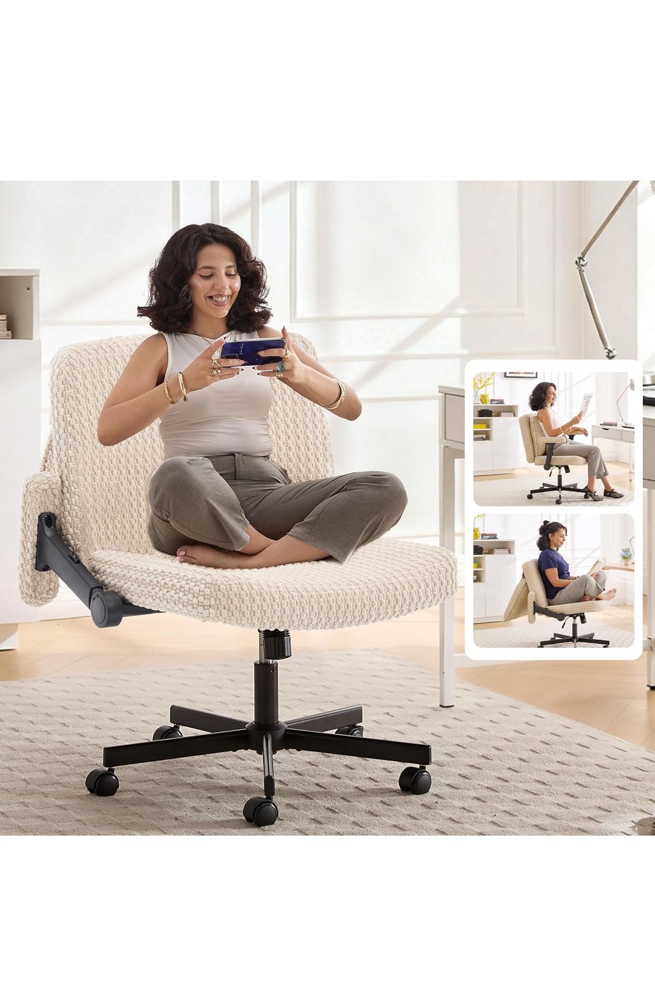 Fizzin Criss Cross Chair,Cross Legged Chair with Wheels and Arms,27" Wide Seat Office Desk Chair with Flipable Back Cushion,Mid Back Beige Swivel Chai