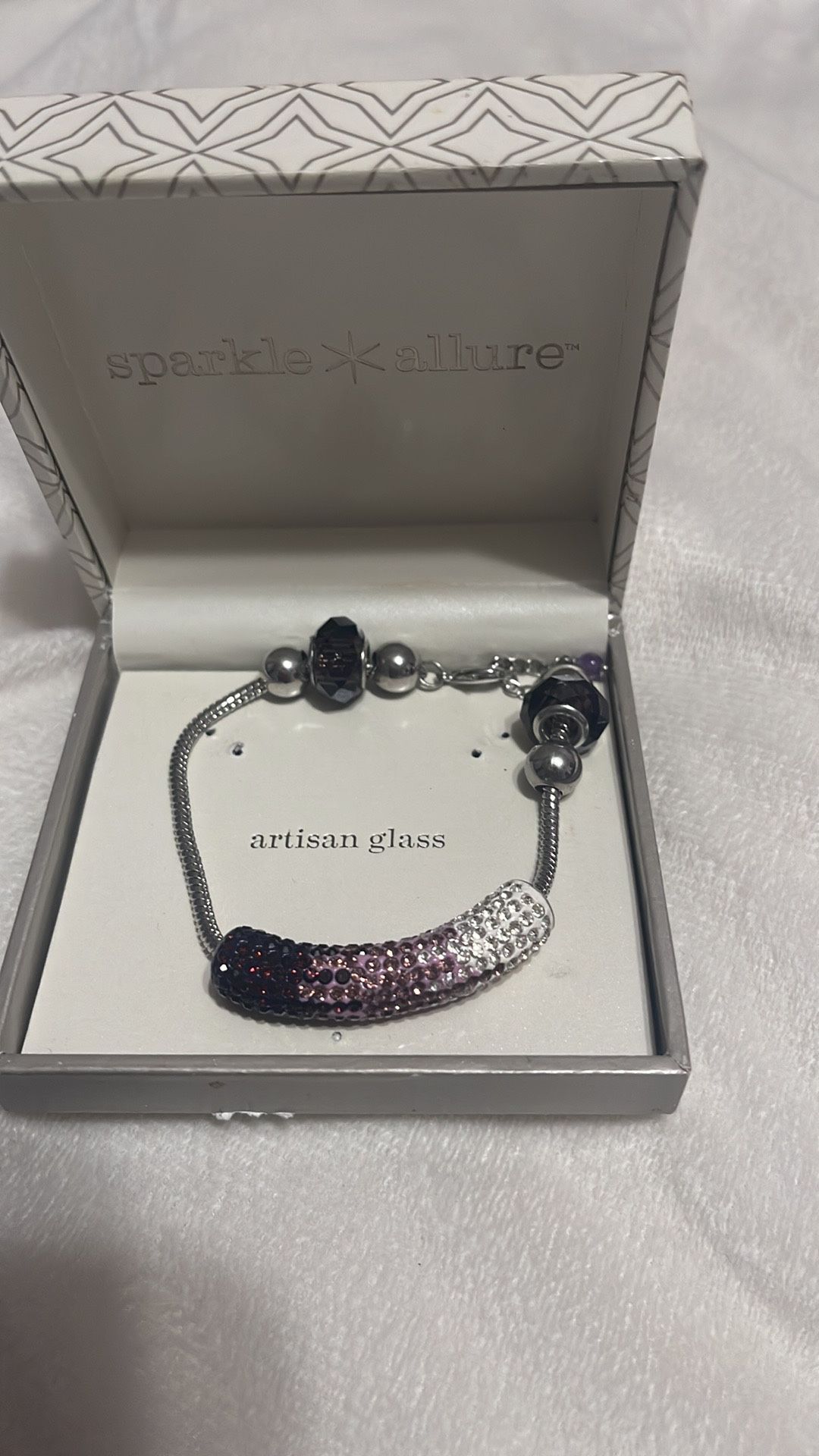 Silvertone Pink and Purple Crystal & Glass Bar Bead Charm Bracelet