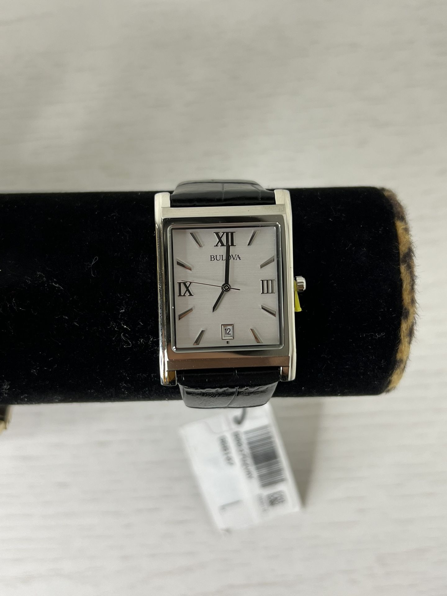 Bulova 96B107 Black Leather Strap w Date Sleek Rectangular Quartz Watch