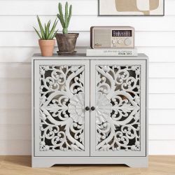 Buffet Cabinet with Storage, Wooden Carved Sideboard Storage Cabinet with Hollow Carved Pattern and Adjustable Shelves, Accent 2 Door Coffee Bar Table