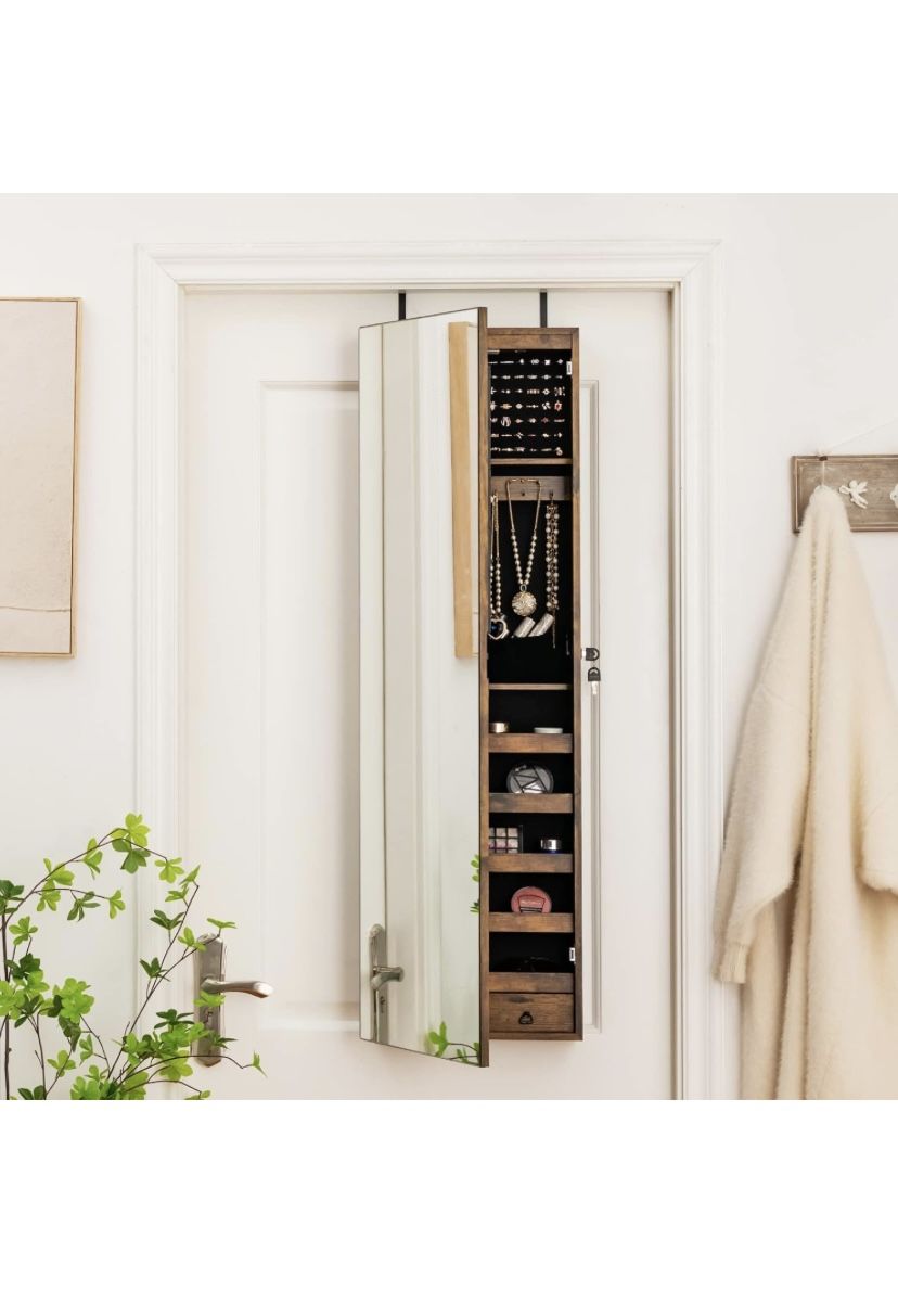 Giantex Wall Door Mounted Jewelry Armoire Cabinet with 47.5" H Full Length Mirror, 2 LEDs Lockable Jewelry Organizer Box with Bracelet Rod, 2 Drawers,