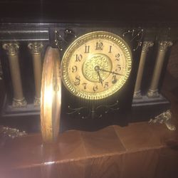 Old Wood Antique Gilbert Mantle Clock with Lion Heads