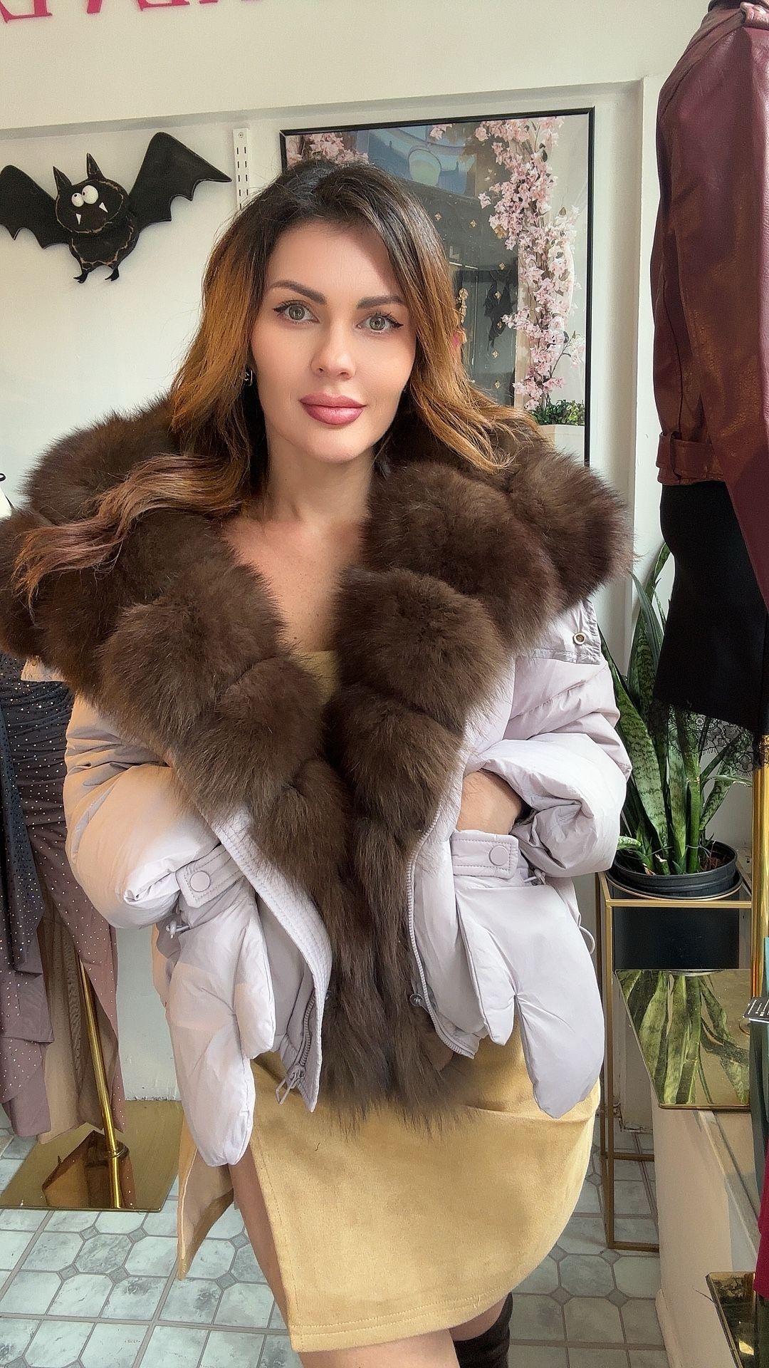 Lilac Down Jacket With Fox Fur Trim
