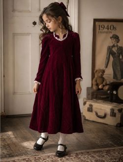 Vintage 40s Childrens Girls Velvet Maroon Long Sleeve Gothic Maxi Dress