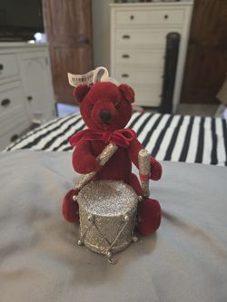 Brand New, With Tags. Pottery Barn Kids. Plush, Red Bear With Silver Glitter Drum And Sticks Christmas Ornament.