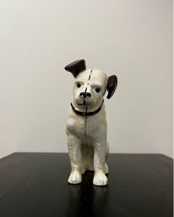 RCA CAST IRON “Nipper” Coin Bank With Painted Antique Finish 6” H By 6” D By 2” W… WEIGHTS 2lbs… $65