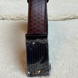 Premium Brown Patterned Leather Ratchet Belt with Black Auto-Lock Buckle 