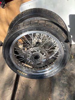 Flat track 19inch rim and lightly used tires set front and rear