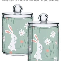 2 Pack Qtip Holder Organizer Dispenser Bunny and Spring Flowers Bathroom Storage Canister Cotton Ball Holder Bathroom Containers for Cotton Swa