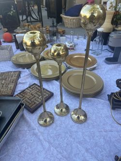 Set of 3 Brass Candle Holders – Tall Decorative Floor Candlesticks