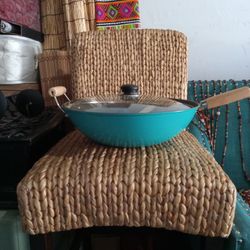 13x13  Large Turquoise  Wok With Bamboo Utensils 