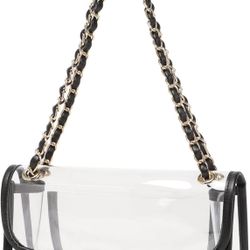 Womens PVC Clear Purse Handbag with Chain Stadium Approved Clear Bag See Through Bag for Working and Concert