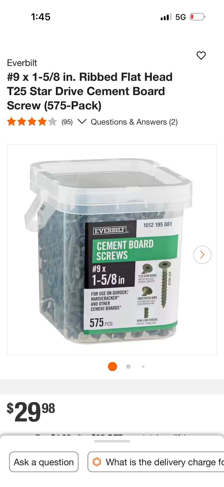9 x 1-5/8 in. Ribbed Flat Head T25 Star Drive Cement Board Screw (575-Pack)