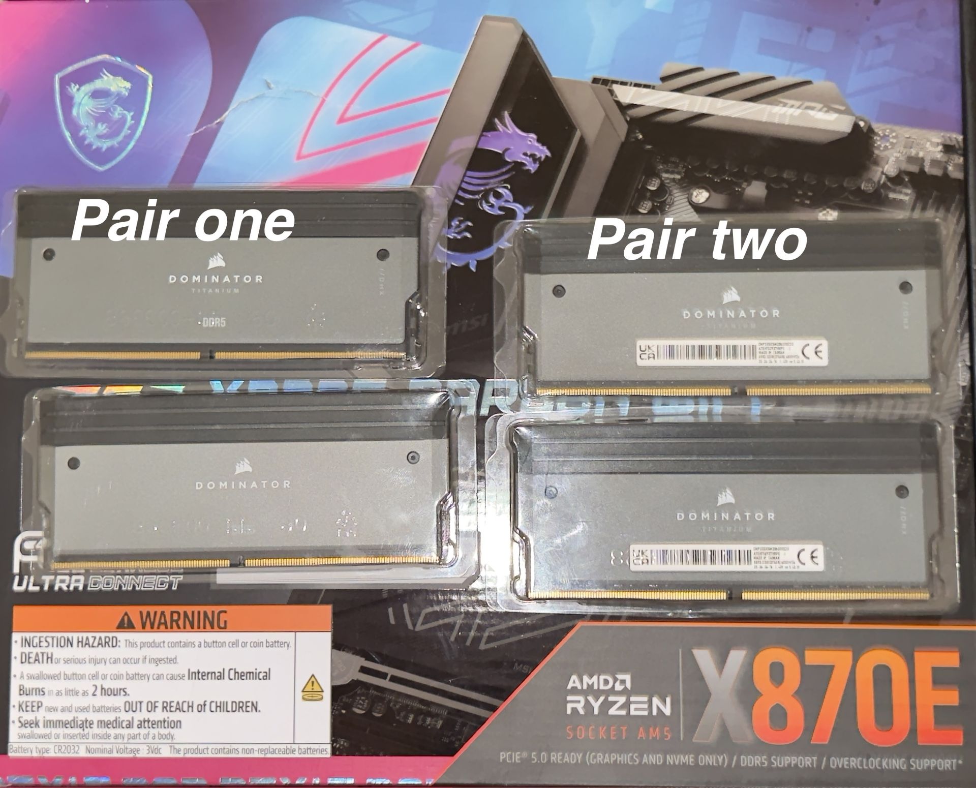 Two pairs of DDR5 Corsair dominator’s 64 GB all together